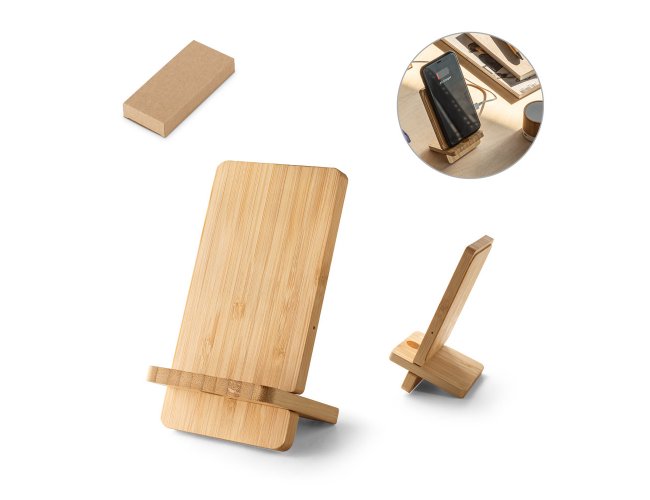LANGE. Carregador wireless super rápido e suporte em bambu para smartphone 10 W