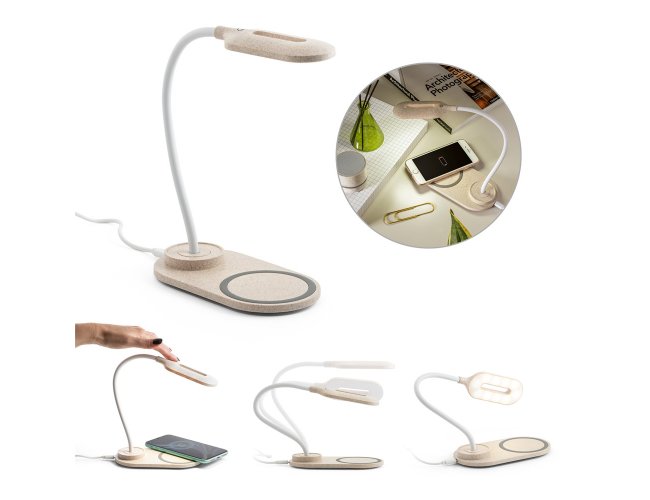 LEZZO. Luminária de mesa com carregador wireless em ABS e fibra de palha de trigo