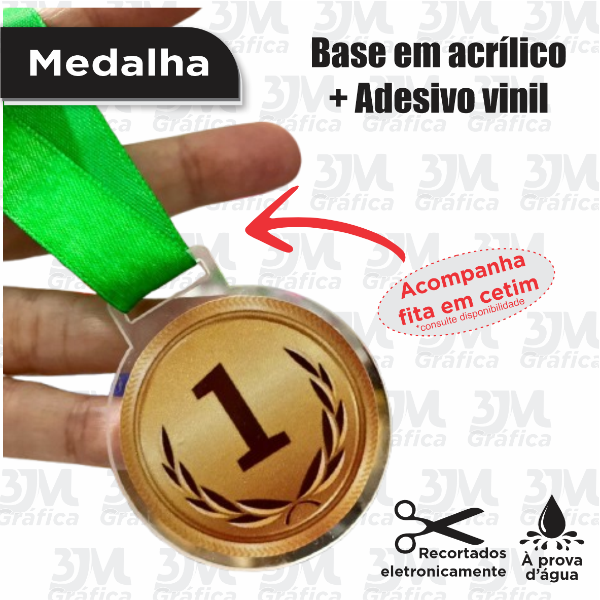 Medalha 5cm Redondo Base acrilico + Adesivo vinil Acompanha Cordão em Cetim