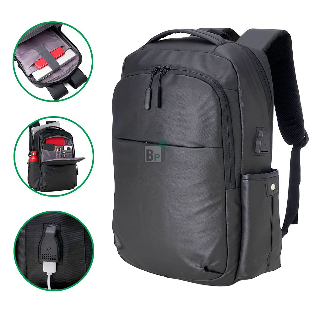Mochila Couro Sintético USB 20 Litros Preto Personalizado