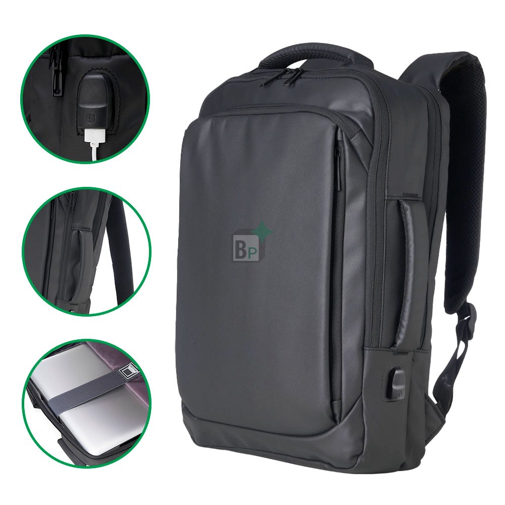 Mochila de Couro Sintético USB 17 Litros Preto Personalizado