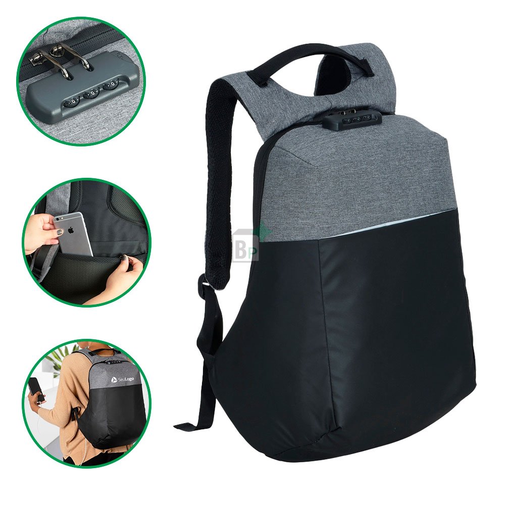 Mochila de Poliéster Preto e Cinza Anti-Furto USB com Segredo Personalizado