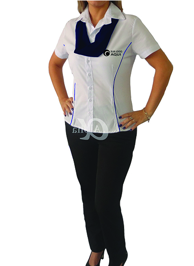 Modelo de blusa camisa feminina para uniformes tricoline com echarpe-lenço argola na cor da sua logomarca - kit 10 pçs