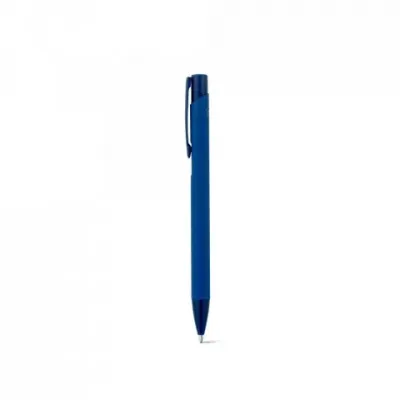 Modelo em alumínio reciclado com acabamento emborrachado na cor azul, oferecendo elegância e conforto na escrita.