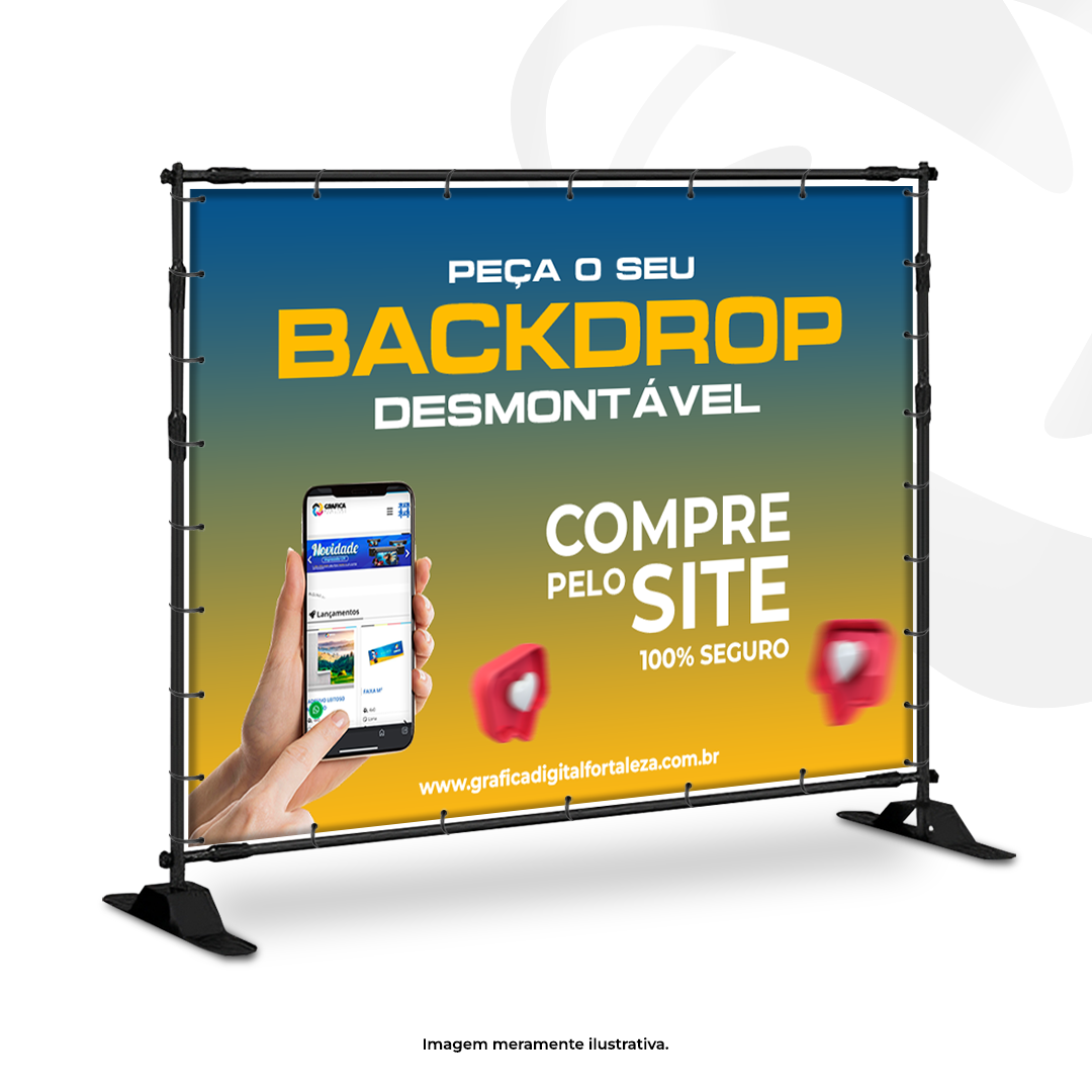 PAINEL BACKDROP (AJUSTÁVEL) 200x200cm (Lona Tamanho 190x190cm) Lona fosca com ilhós 4x0 Preto Estrutura em alumínio Produto entregue desmontado