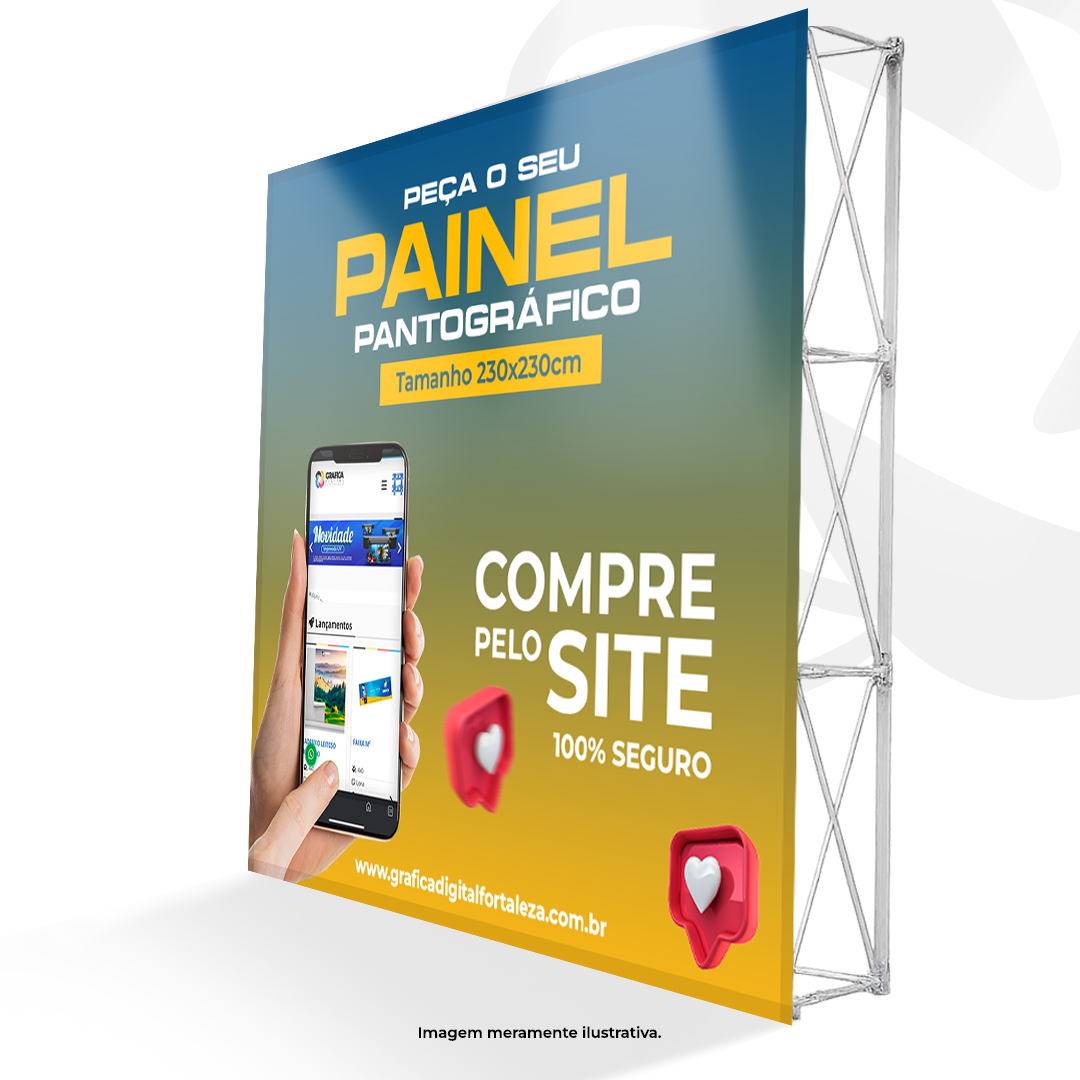 Painel Pantográfico Tam. 225x225cm Reto (Backdrop Desmontável) 225X225cm Base Alumínio e Impresso em Tecido 4x0 Material Resistente O kit vai com bolsa para transporte