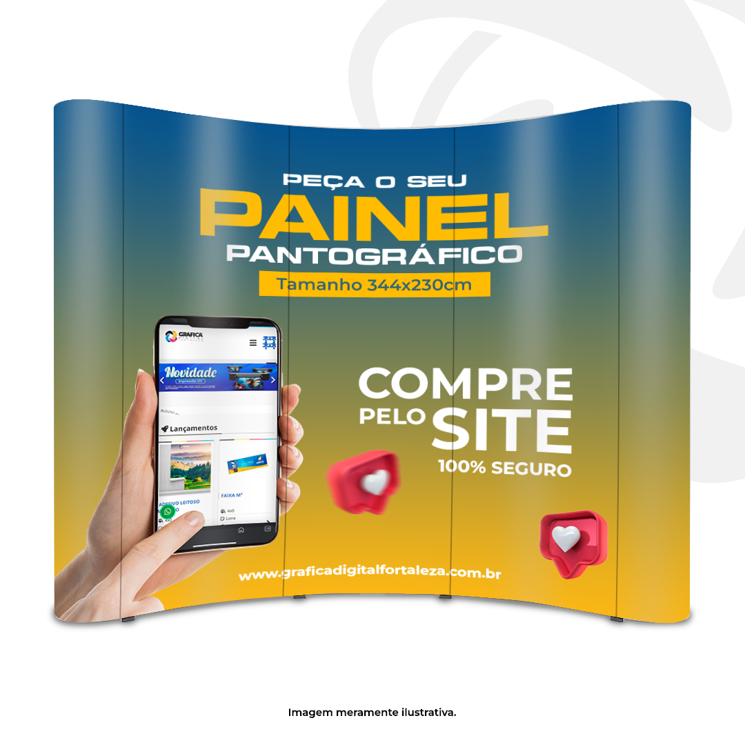 Painel Pantográfico Tam. 344x230cm Curvo (Backdrop Desmontável) 344x230cm Base Alumínio e Lâminas Poliestireno 4x0 Material Resistente O kit vai com case para transporte