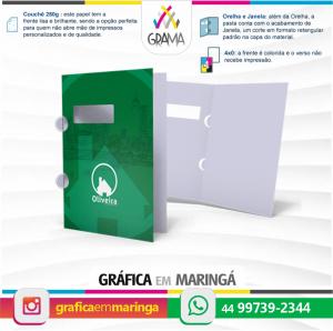 Pastas com Orelha e Janela 30 x 45 cm Couchê 250g 4x0 Verniz UV Total Orelhas e Janela