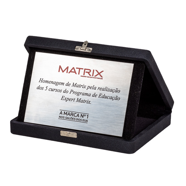 Placa de premiação prateada, formato 10cm x 15cm, gravação a laser com pintura em 2 cores - H2M Brindes