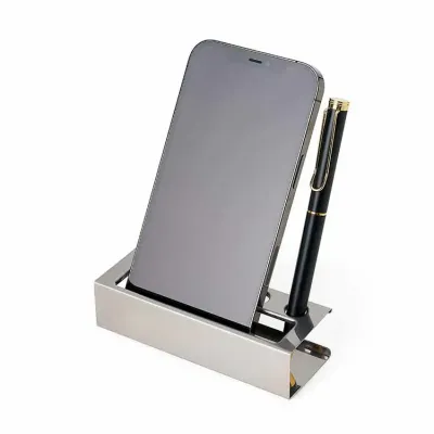 Porta Celular e Porta Canetas de Mesa em Inox Espelhado