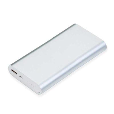 Power Bank metálico com indicador led de bateria. Carregador de metal retangular com bordas arred...