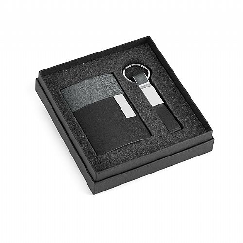 Kit de porta cartões e chaveiro em couro sintético e metal