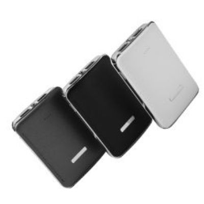 Power bank plástico com detalhe em couro sintético personalizado