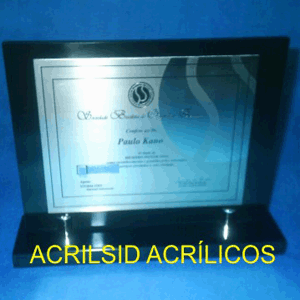Troféu personalizado em acrílico preto com placa de aço