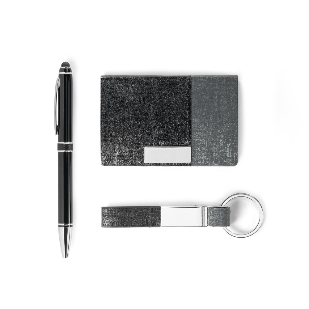 kit de porta cartões, chaveiro e caneta esferográfica