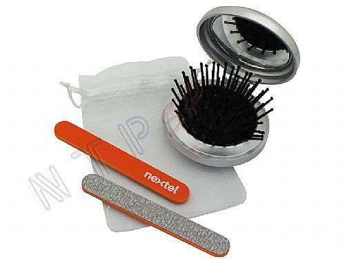 Kit com espelho de bolsa com escova e lixa Personalizado