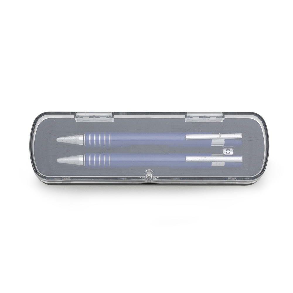 kit estojo acrilico c/ caneta lapiseira 5 aneis semi metal