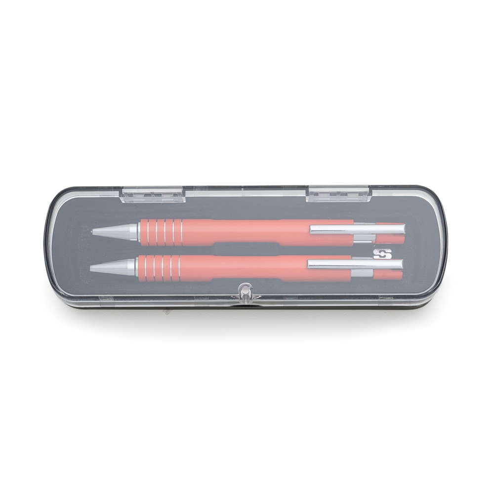 kit estojo acrilico c/ caneta lapiseira 5 aneis semi metal