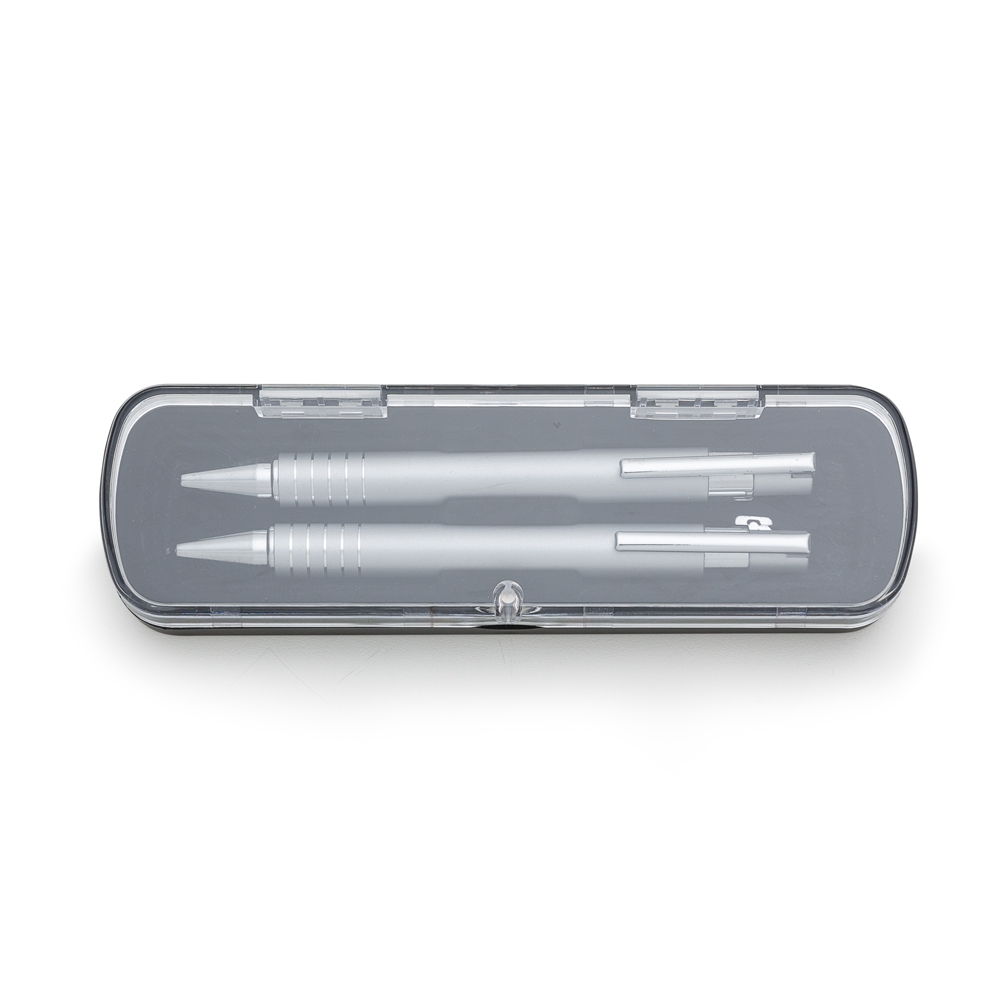 kit estojo acrilico c/ caneta lapiseira 5 aneis semi metal