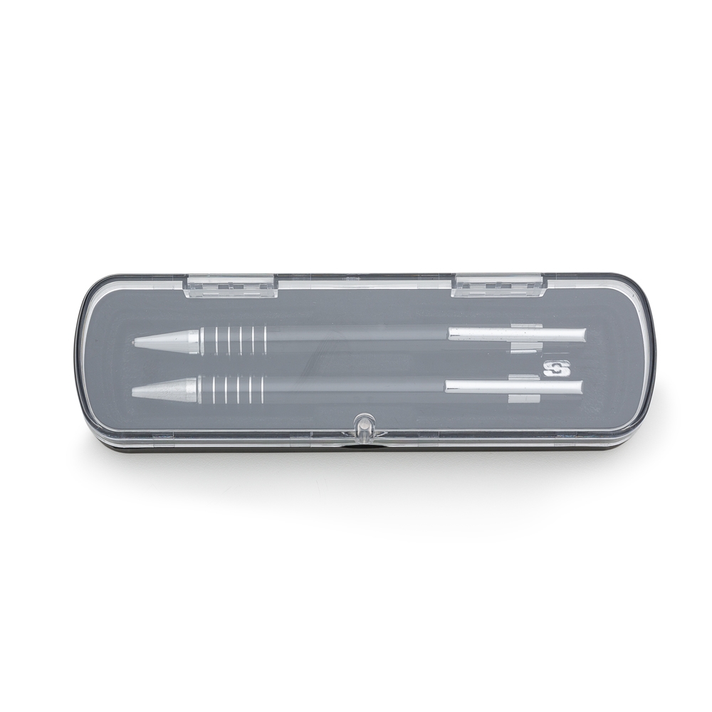 kit estojo acrilico c/ caneta lapiseira 5 aneis semi metal