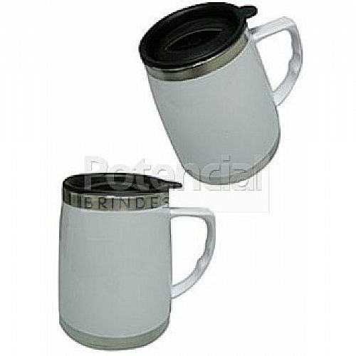 Caneca plástica, revestida em inox com tampa rosqueavél