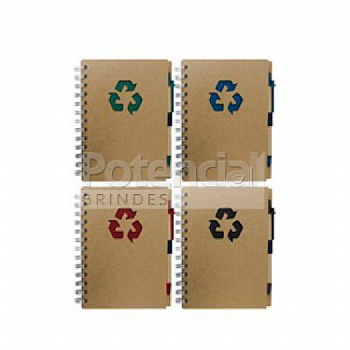 Bloco de anotações e caneta em material ecológico.