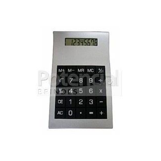 Calculadora de plástico com teclado de borracha, personalizável.