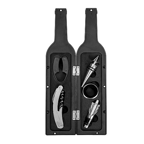 KIT VINHO - 5 PEÇAS, CAIXA FORMATO DE GARRAFA