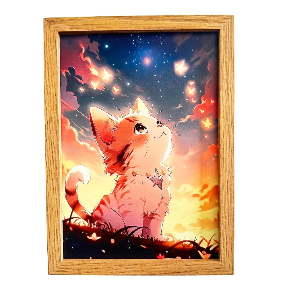 Quadro Gato céu estrelado -23 x 17cm LED 5V USB