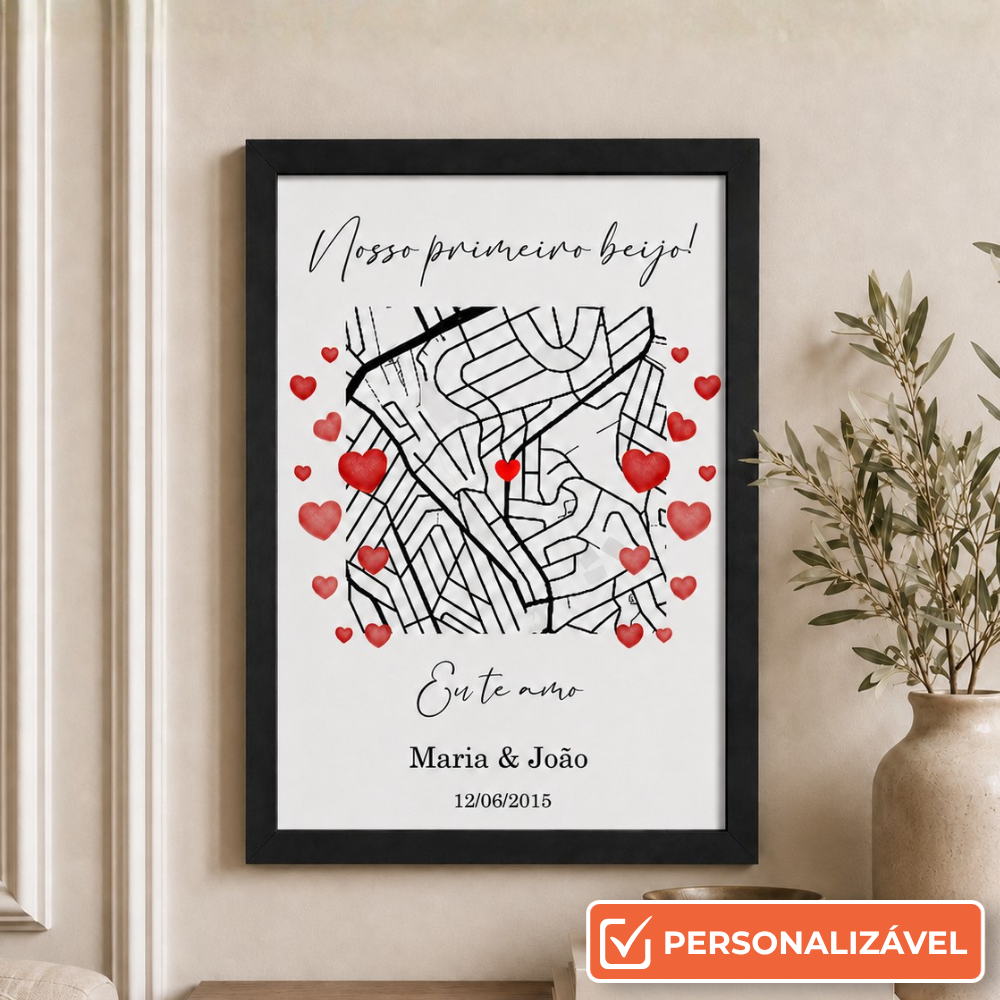 Quadro Mapa Personalizado com Nomes e Local 21x29,7 cm | Com Vidro | Preto, Branco ou Prata