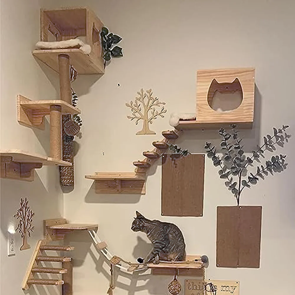 Rede de Parede para Gatos: Arranhador, Móveis de Madeira, Escadas e Espaços de Brincar e Dormir