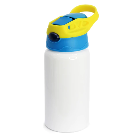 Squeeze de Alumínio Branco para Sublimação Bico Automático Infantil Tampa Amarelo e Azul - 500ml