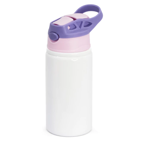 Squeeze de Alumínio Branco para Sublimação Bico Automático Infantil Tampa Roxo e Rosa Bebê - 500ml